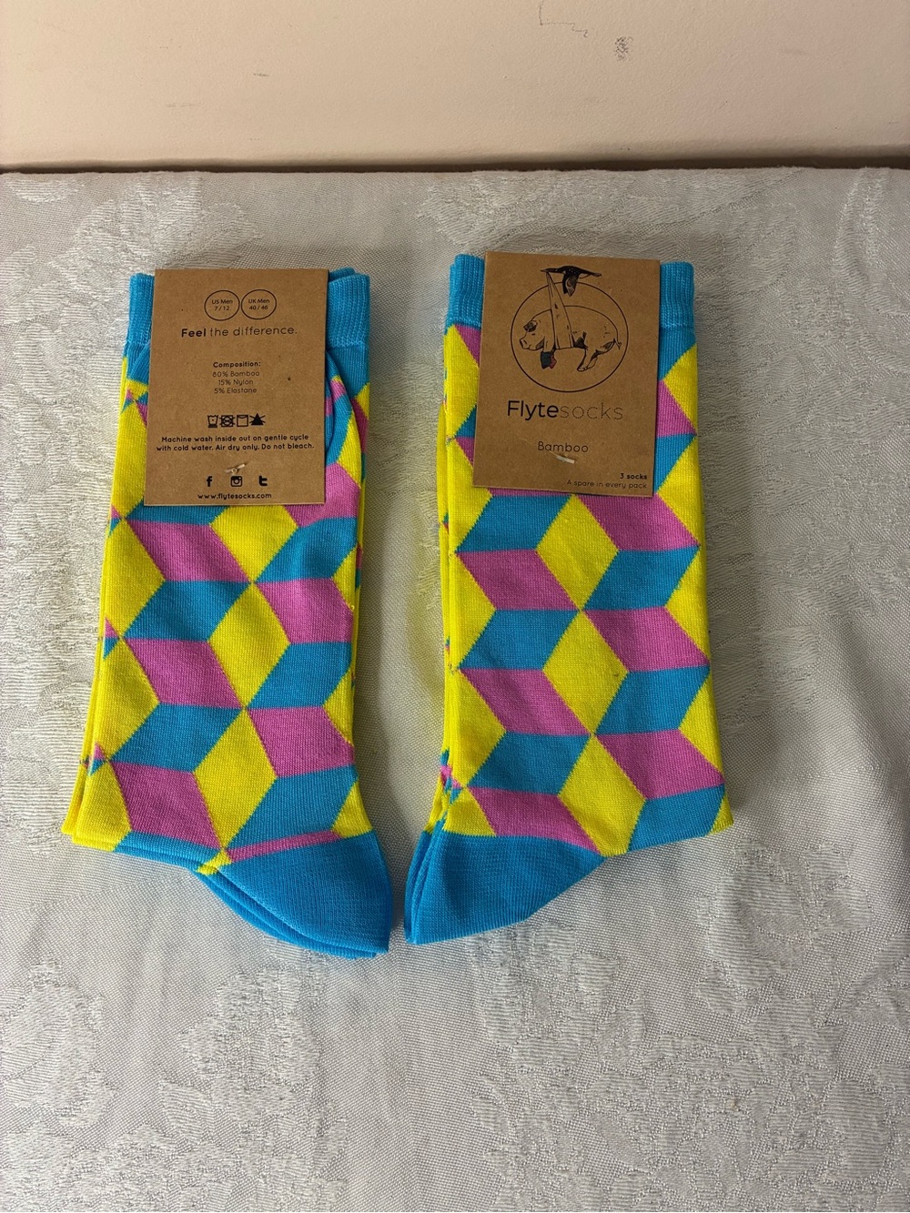 Flyte Socks Men’s Geometric Crew Socks - Yellow, Blue, Pink